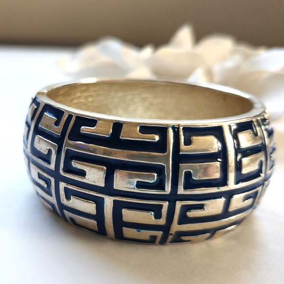 Givenchy Bracelet Blue Gold/Silver Vintage Hinged Wide Cuff 4G Retro - Picture 3 of 7